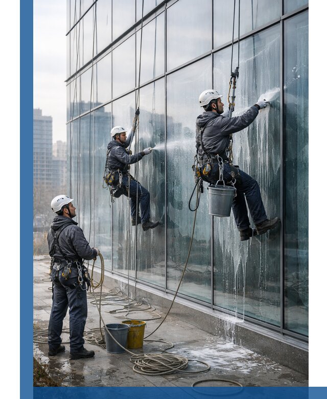 Промышленная мойка панорамных окон на высоте в Фрязине