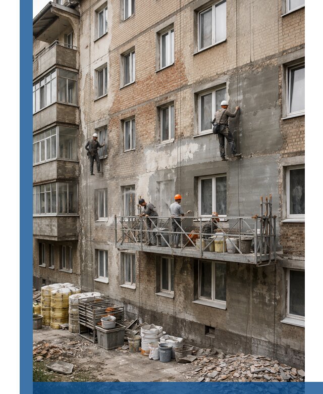 Капитальный ремонт фасада в Фрязине с восстановлением и гидроизоляцией