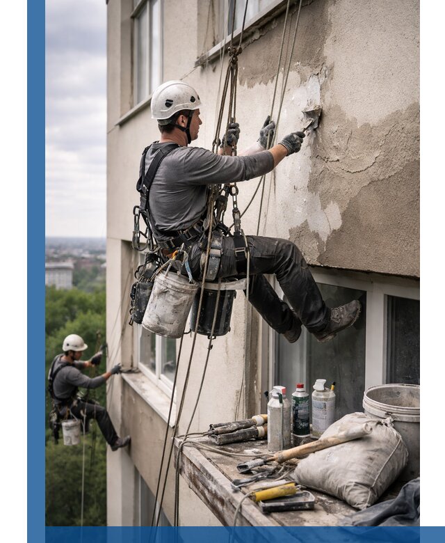 Косметический ремонт фасада зданий в Фрязине промышленными альпинистами