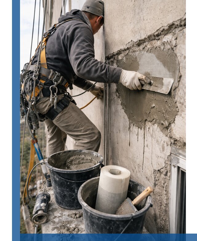 Ремонт бетонных элементов фасада промышленными альпинистами в Фрязине