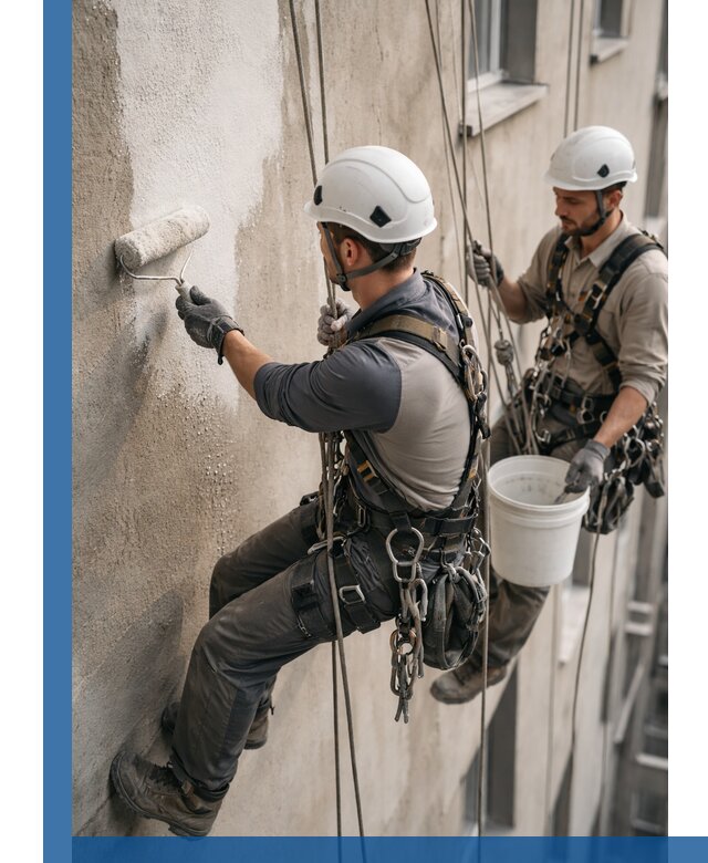 Грунтовка фасада на высоте в Фрязине промышленными альпинистами