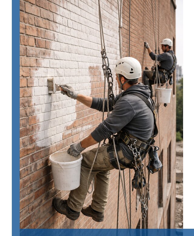 Покраска кирпичного фасада с доступным альпинистским сервисом в Фрязине