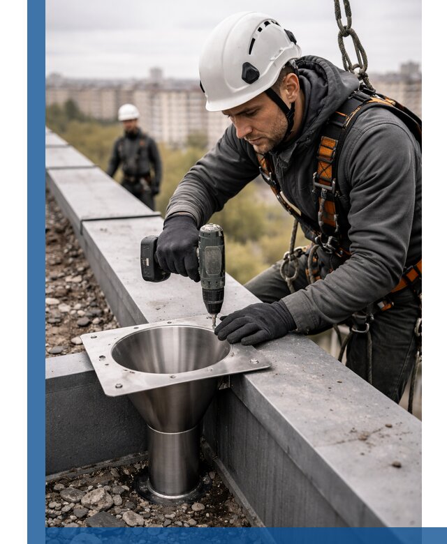 Монтаж водосточных воронок в Фрязине для промышленных зданий