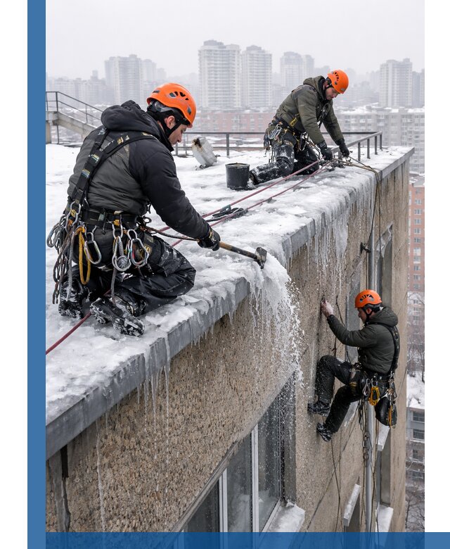 Удаление наледи с кровли в Фрязине промышленными альпинистами