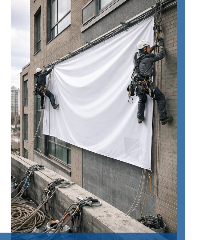 Монтаж баннеров на фасаде в Фрязине от 675 р. заказать ВЫСОТНИК-Фрз