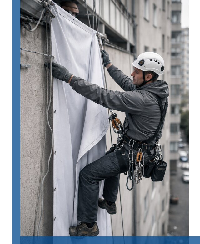 Замена баннерного полотна промышленными альпинистами в Фрязине