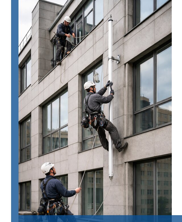 Монтаж флагштока на фасаде здания с креплением и герметикой в Фрязине