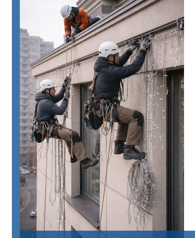 Монтаж праздничных гирлянд на фасаде в Фрязине для зданий