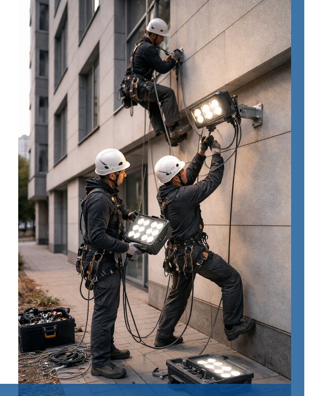 Монтаж прожекторов на фасаде в Фрязине от 7789 р. | ВЫСОТНИК-Фрз