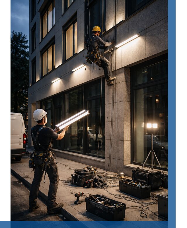 Монтаж архитектурной подсветки здания в Фрязине от 2596 р.|ВЫСОТНИК-Фрз