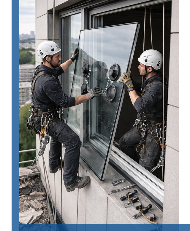 Замена стеклопакетов на высоте с промышленными альпинистами в Фрязине