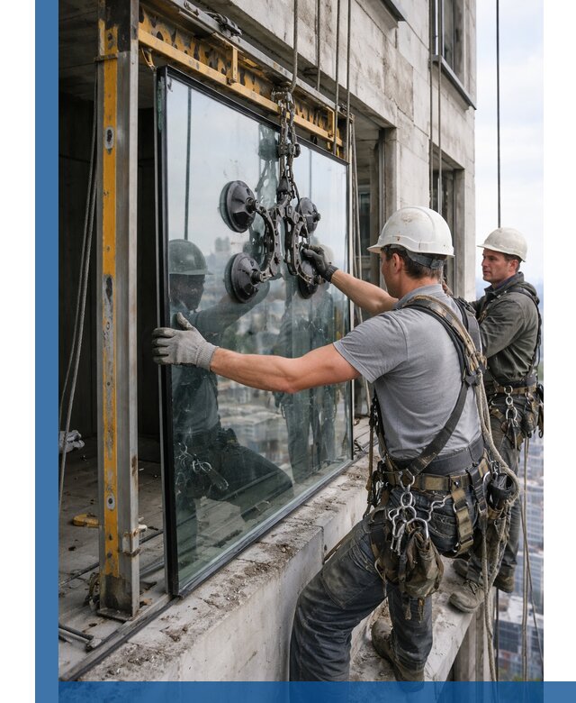 Монтаж стеклопакетов на высоте в Фрязине с промышленным альпинизмом