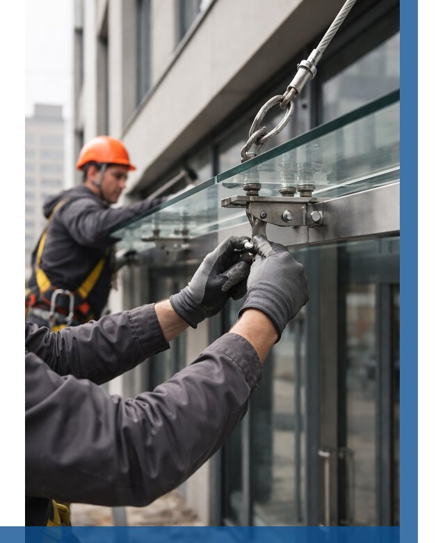 Монтаж стеклянных козырьков в Фрязине от 8827 р. | ВЫСОТНИК-Фрз