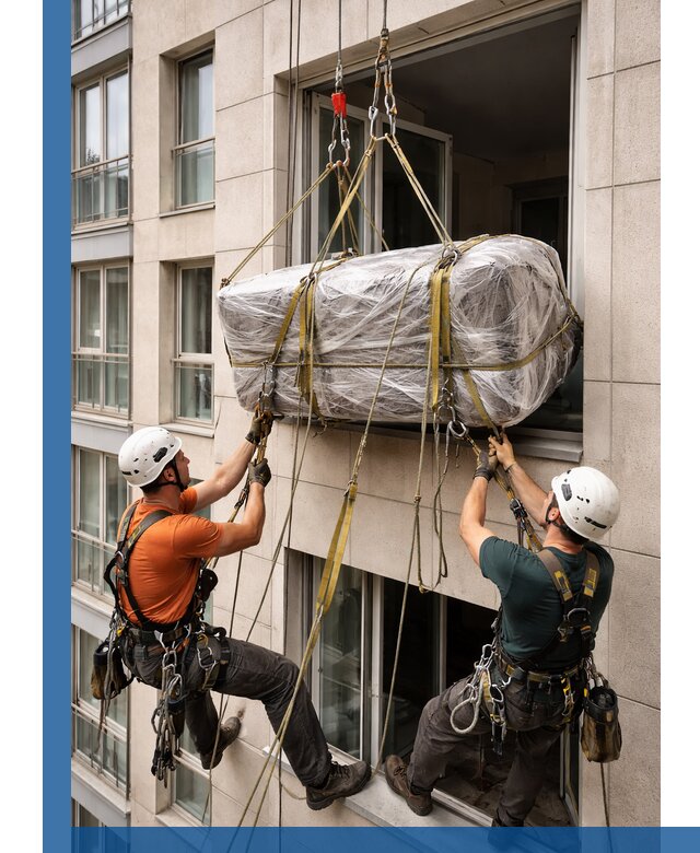 Подъем грузов через окно в Фрязине промышленными альпинистами