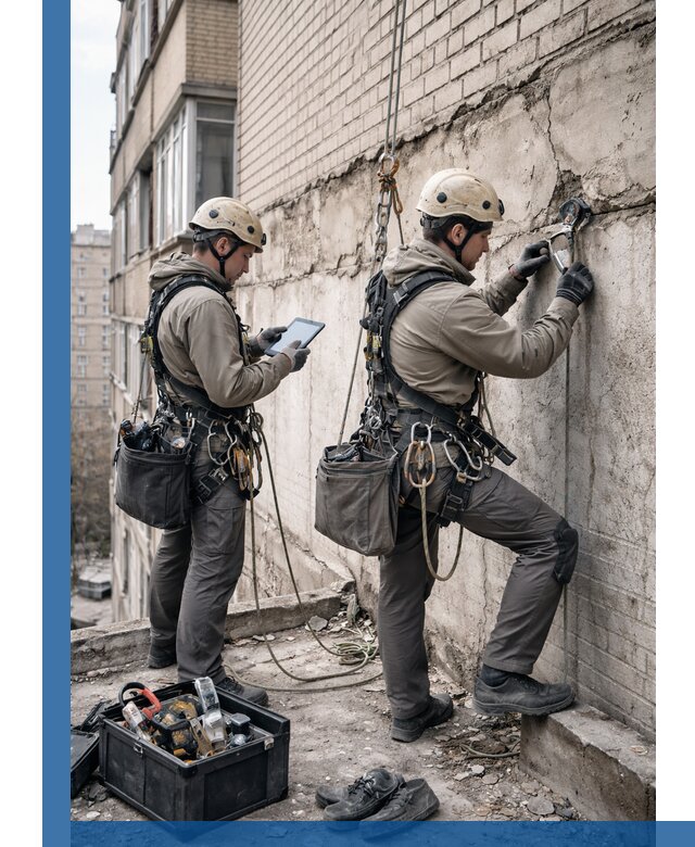 Обследование фасада промышленными альпинистами в Фрязине